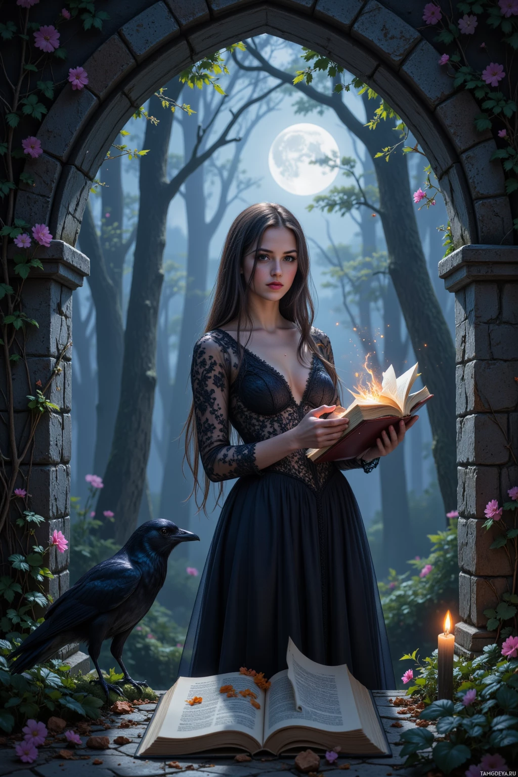 Realistic high quality photo. 28‑year‑old woman, pale skin, long dark waterfall hair, violet eyes, black lace dress, aura of ethereal dark flowers, standing beneath a moonlit arch in Whispering Woods at midnight, clutching a half‑baked parchment while her shadow flips pages like a fox on a scholar's lap and a raven perches beside her for a book‑reading session, surrounded by hushed trees under a silver moon.