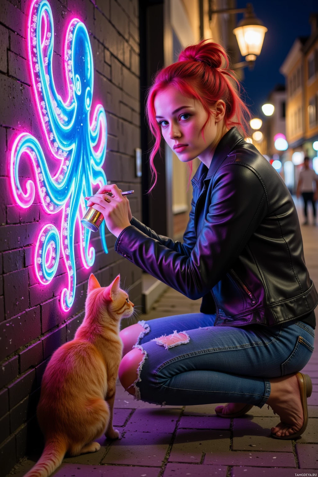 Realistic high quality photo. Nighttime alleyway, a 24‑year‑old woman with bright red messy bun, green eyes, warm golden skin, wearing jeans and a fitted black leather jacket, sketching a neon octopus on a brick wall with a gold‑plated spray can while a cat photobombs, bold splashes of color covering the wall.