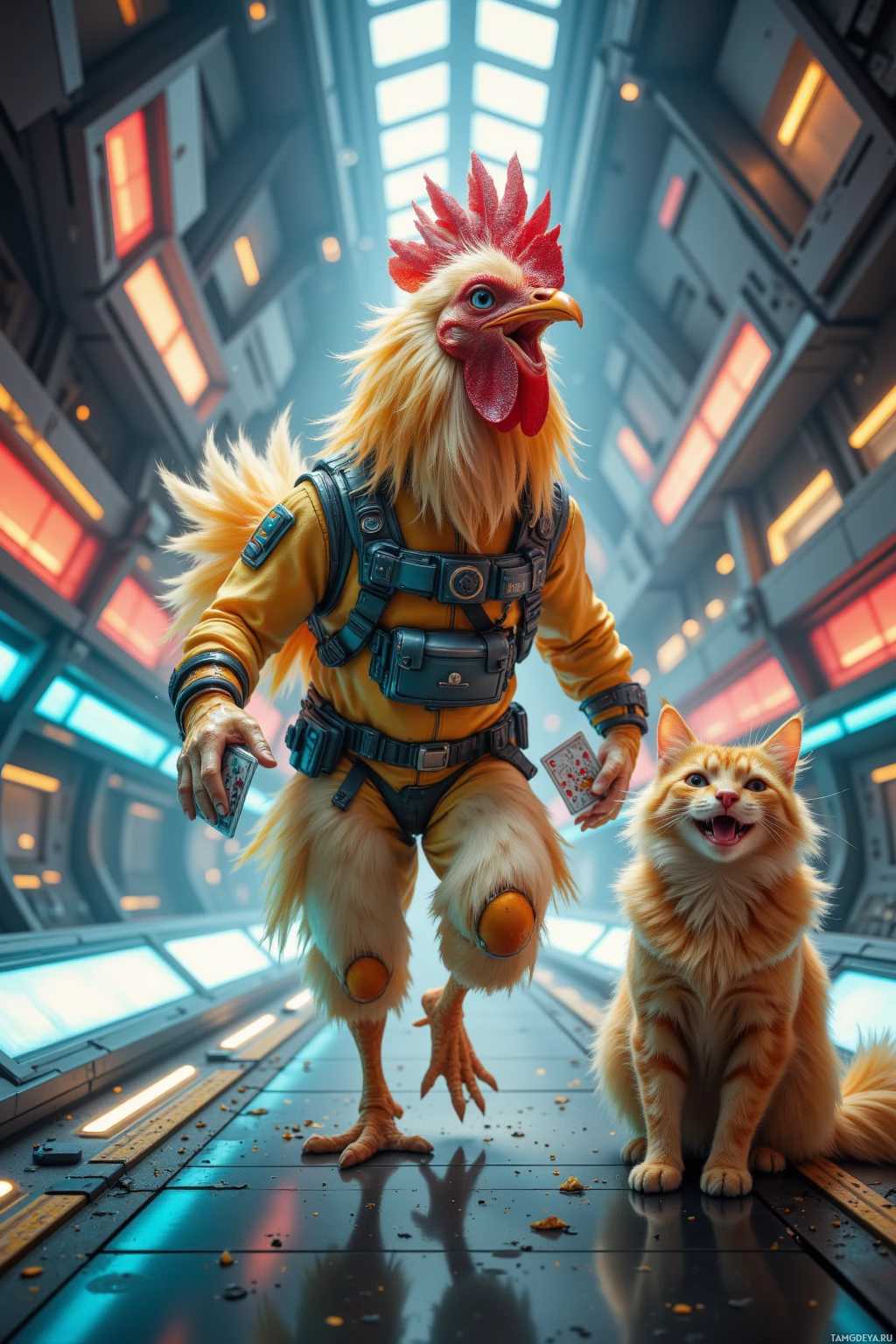 Realistic high quality photo. Male 20‑year‑old humanoid chicken with golden feathers, messy blonde bob, blue eyes, pale skin, wearing a futuristic jumpsuit with utility belts, beak and raised eyebrows, racing through luminous docking corridors of Dock 7 while holding a deck of joke cards, a holographic cat perched beside him, dodging streaks of laser fire and laughing, with shifting chromatic glow of docking platforms in the background.