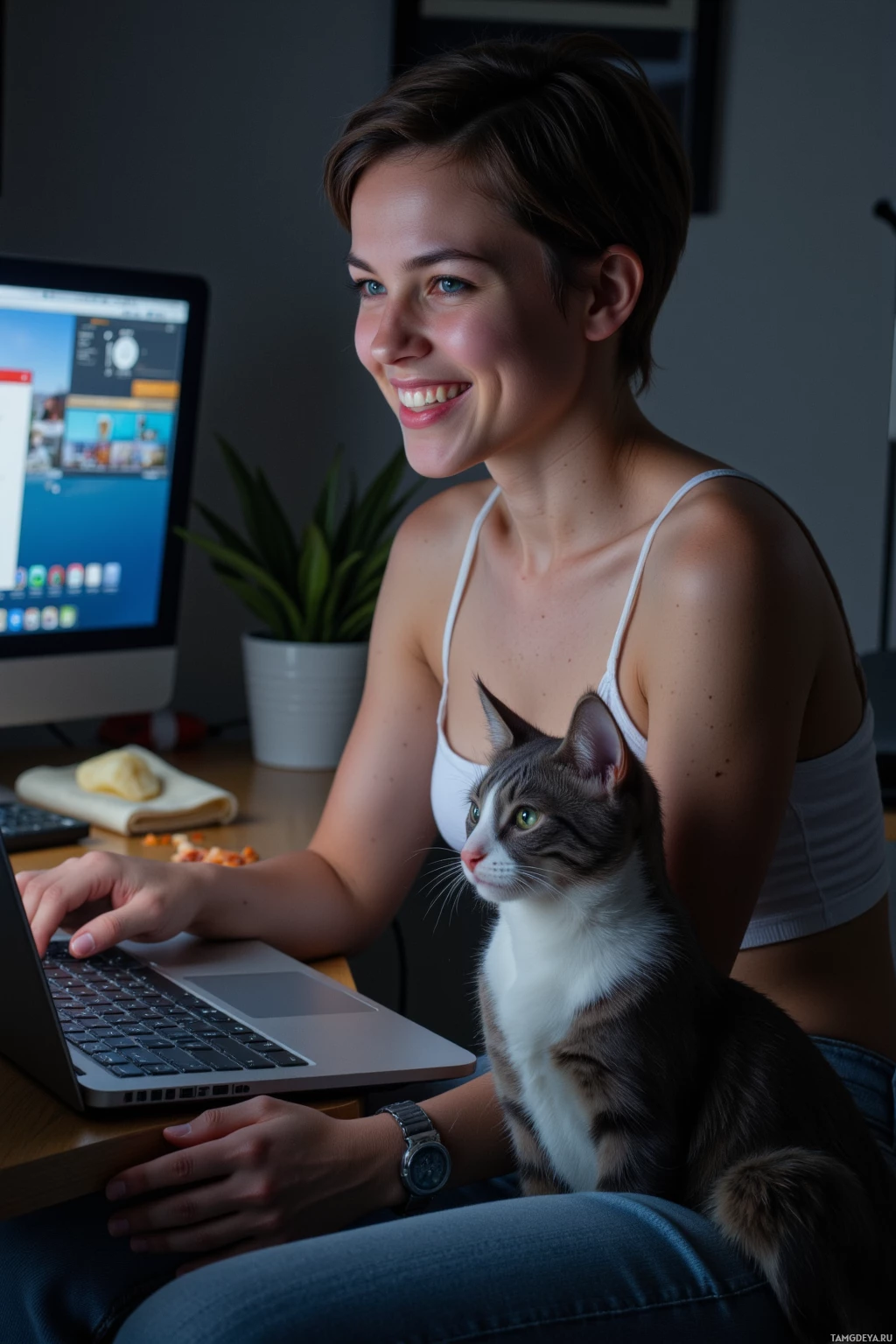 Realistic high quality photo. Late‑night home studio, 25‑year‑old woman with short black hair and blue eyes in a white tank top and casual jeans laughs at her laptop as a small cat paw presses keys while a pop‑up poll for best cat‑nap positions blinks on the screen, surrounded by snack crumbs and dim monitor glow.