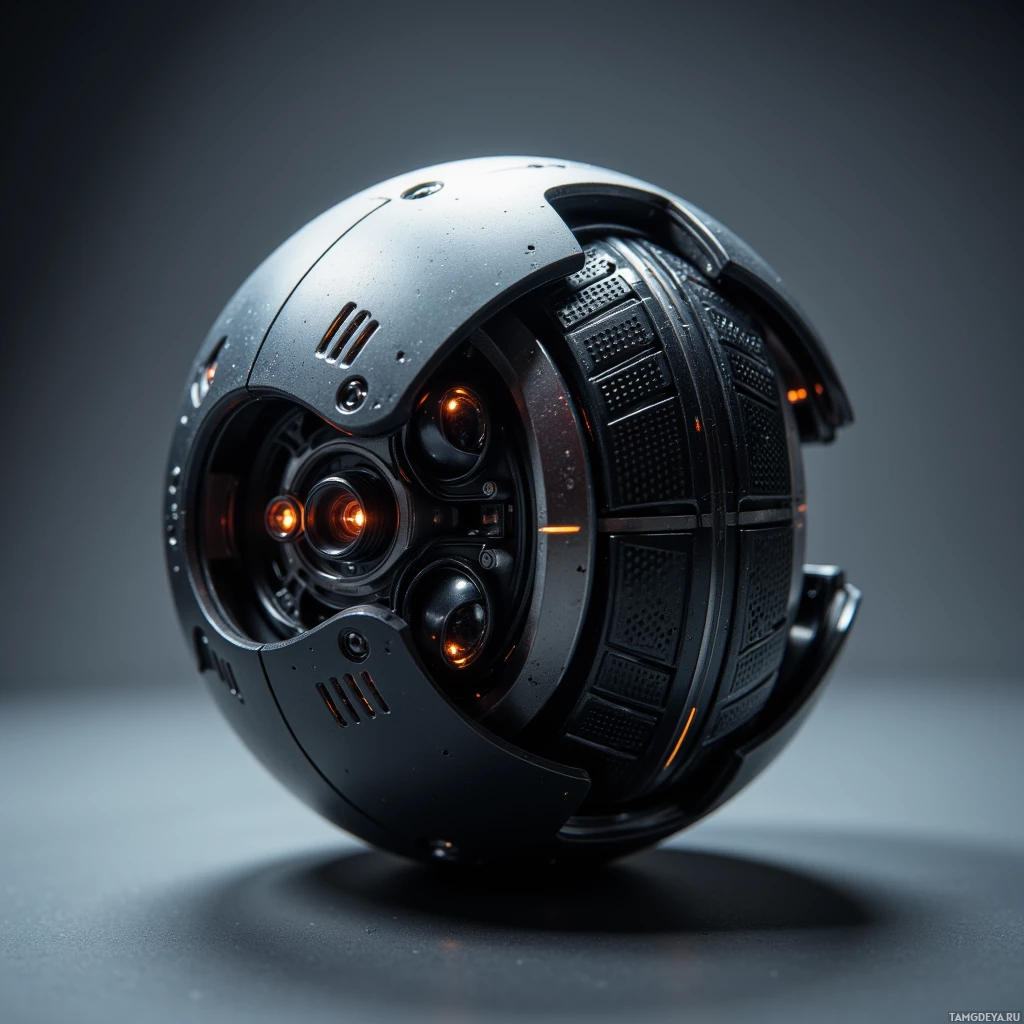 Semi-abstract image with many light, that is suitable for the post:  An ultralight tactical drone folded into a compact matte‑black sphere with carbon‑fiber ribs and laser‑cut micro‑grooves, featuring sleek aerodynamic lines and magnetic docking ports.