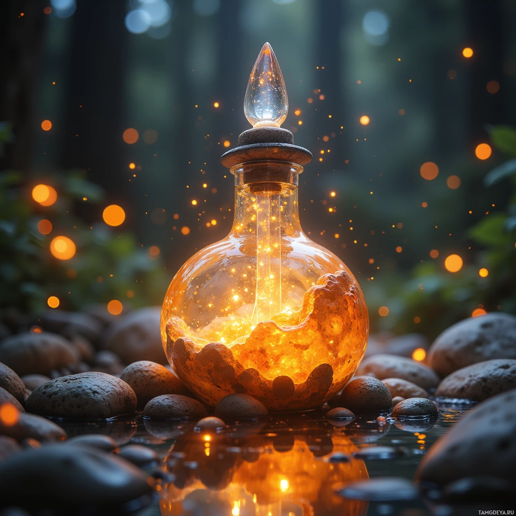 Semi-abstract image with many light, that is suitable for the post:  A tiny crystal dew vial with a translucent quartz shell carved in moonlit cave style, a slender silver stem, and a glowing amber liquid inside, reflecting sunrise hues.