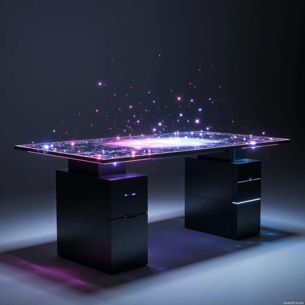 Semi-abstract image with many light, that is suitable for the post:  Matte black modular desk with a floating translucent OLED surface, integrated sensor arrays within its sleek chassis, and subtle adaptive lighting that shifts colors gently across the workspace.