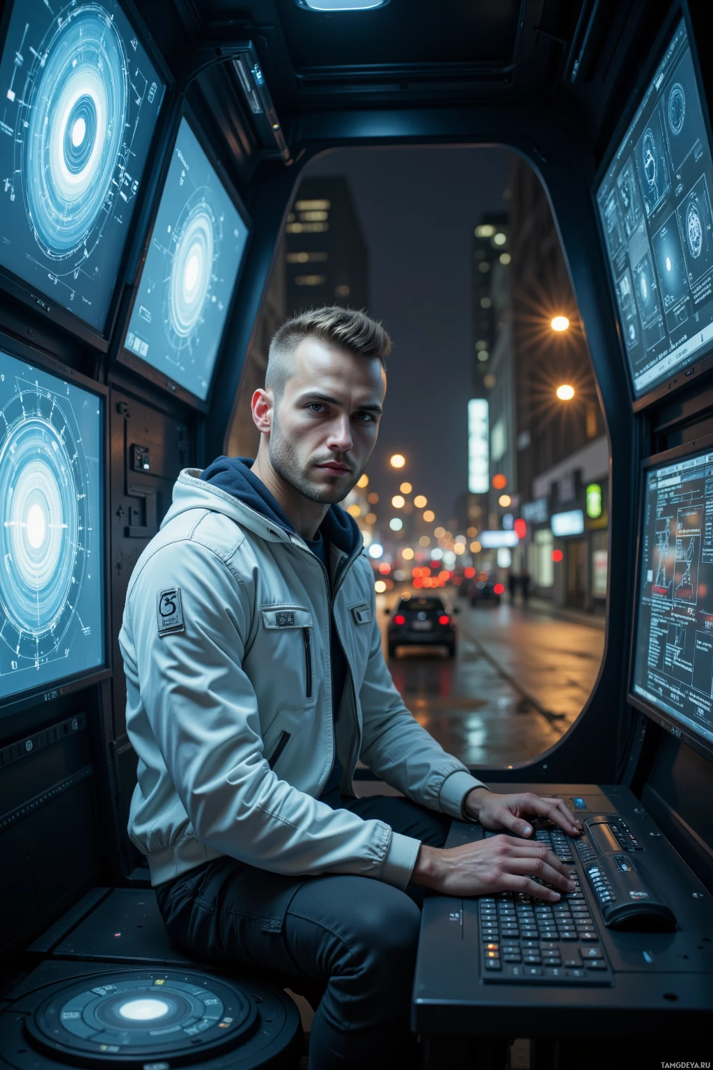 Realistic high quality photo. Male 33 with shaved light brown hair, pale skin, sharp jawline, wearing a sleek white tactical jacket and grey cargo pants, seated at a dimly lit diagnostic station with holographic quantum lattice projections on multiple screens, a single glowing photon flickering like a cat's eye in the periphery, faint electric glow of city streets visible through high windows, night shift ambience.