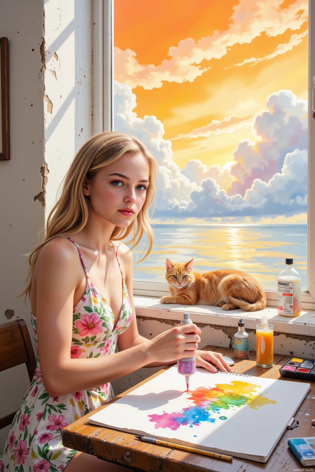 Realistic high quality photo. Young woman with blonde loose waves, bright blue eyes, sun‑kissed skin in a flowing floral dress sits at a rustic café table beside a white window where a stray cat curls; holding a spray bottle of watercolor and sketchbook, she energetically splashes the buttery orange sky outside onto canvas before clouds drift away.