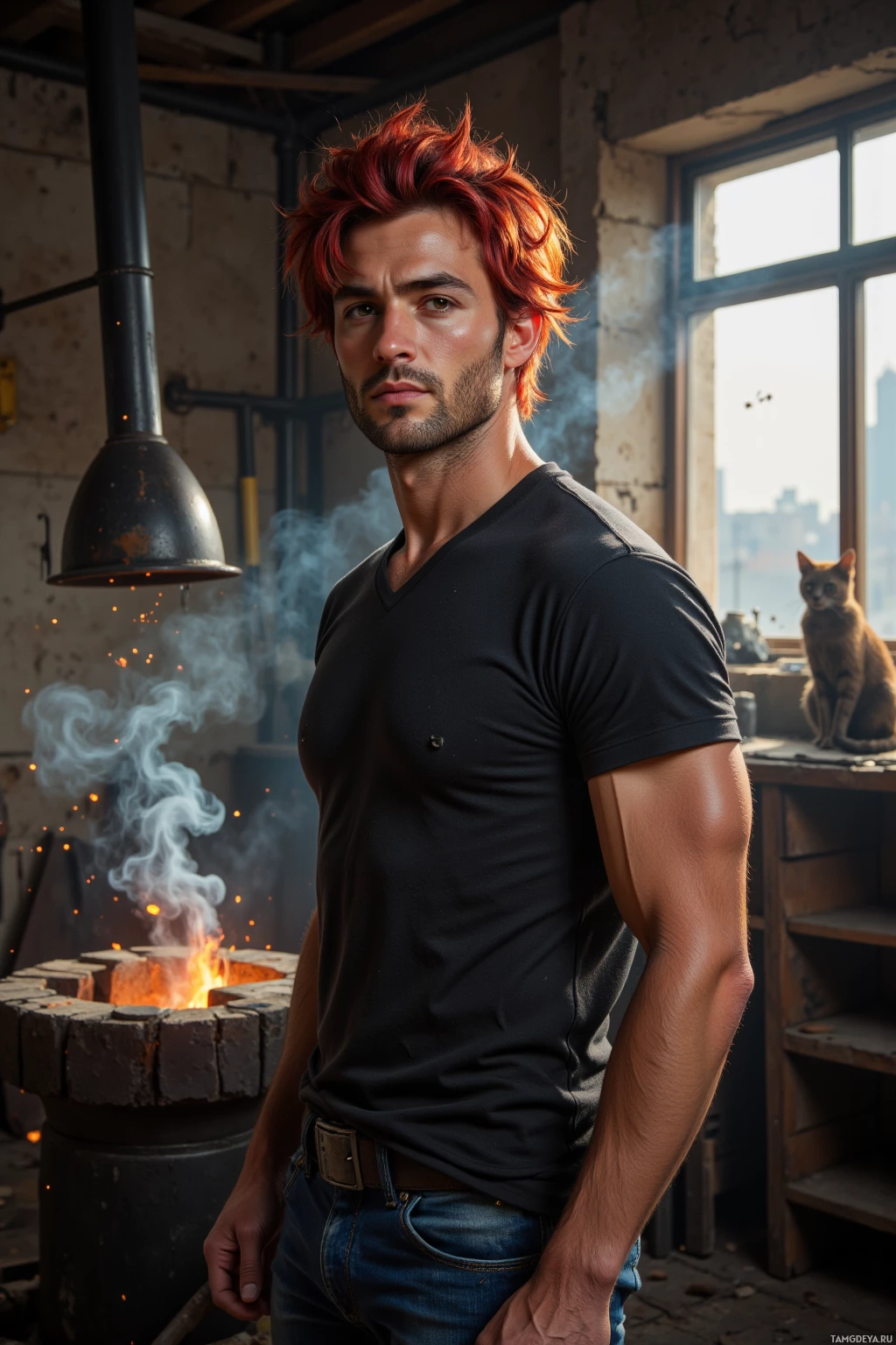 Realistic high quality photo. Man in his thirties with messy fiery red hair streaked darker, sharp brown eyes, olive skin and angular features, wearing a black t‑shirt and jeans, standing amid hammers and sparks in a workshop with steam rising from a forge, dust floating in early morning light, an old cat on the windowsill watching him while a faint city silhouette glows outside the window.
