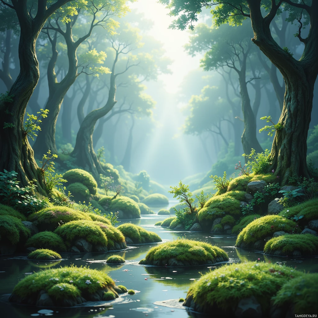 Semi-abstract image with many empty light space at center of beautiful background, that is suitable for the post:  When the wind stops, the moss knows the path of the unseen water.