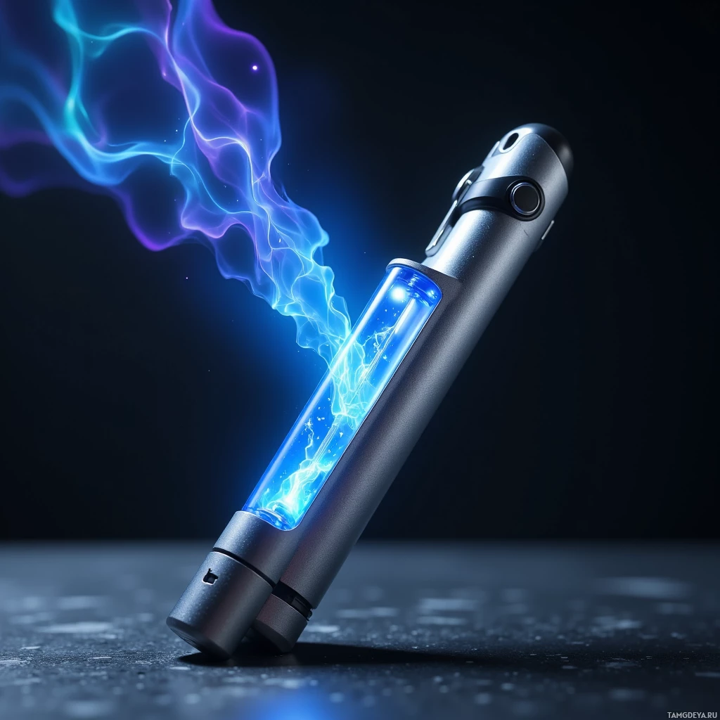 Semi-abstract image with many light, that is suitable for the post:  Sleek silver holographic projector shaped like a pen, matte metal body with a glossy black button on top, a translucent 3‑inch internal screen chamber that emits a bright blue holographic glow, compact and futuristic design, with a small rechargeable battery compartment at the base.
