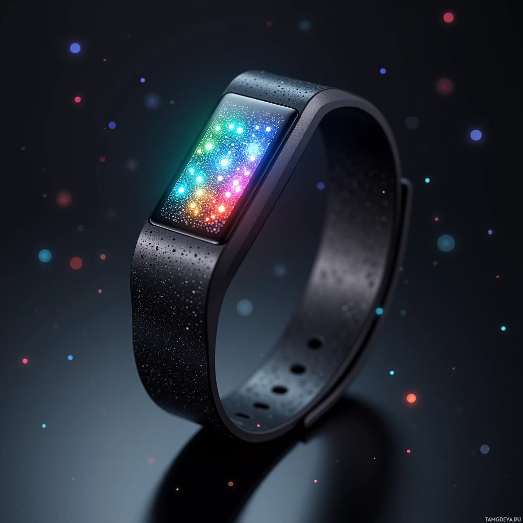 Semi-abstract image with many light, that is suitable for the post:  Matte black smartband with titanium finish, featuring a translucent OLED screen that flashes vivid color bursts, a microfluidic sensor strip, and a sleek weightless design.