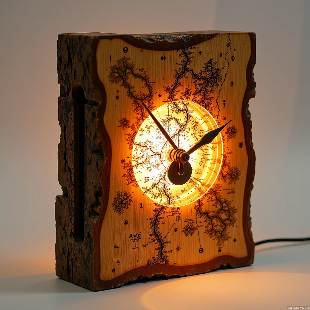 Semi-abstract image with many light, that is suitable for the post:  Handcrafted wooden lamp that doubles as an analog clock made from rough oak slab with deep coffee‑stained map pattern, featuring a brass dial hand‑engraved with tiny visible gears, powered by a small side crank and emitting soft amber LED light, with uneven wood texture giving a sketchy appearance.