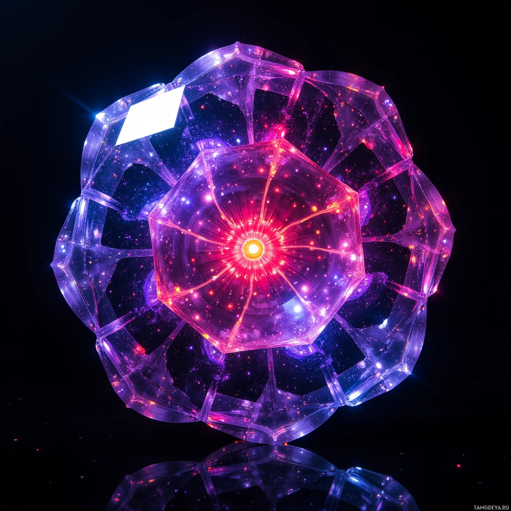 Semi-abstract image with many light, that is suitable for the post:  Polished obsidian crystal mirror with a nano‑fiber coating that vibrates and shifts through violet to electric red hues, refracting light into a kaleidoscopic pattern across its reflective facets.