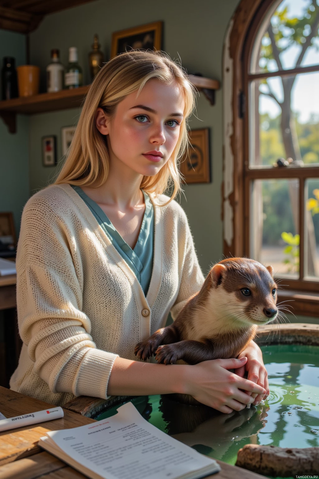 Realistic high quality photo. A young woman in her early twenties with blonde hair, bright blue eyes, fair skin, wearing a soft sweater and loose pants, calmly tends to a bruised otter beside a small pond inside a rustic wildlife rescue center, scattered medical notes on a wooden table, the otter playfully shuffling around her amid afternoon sunlight filtering through trees.