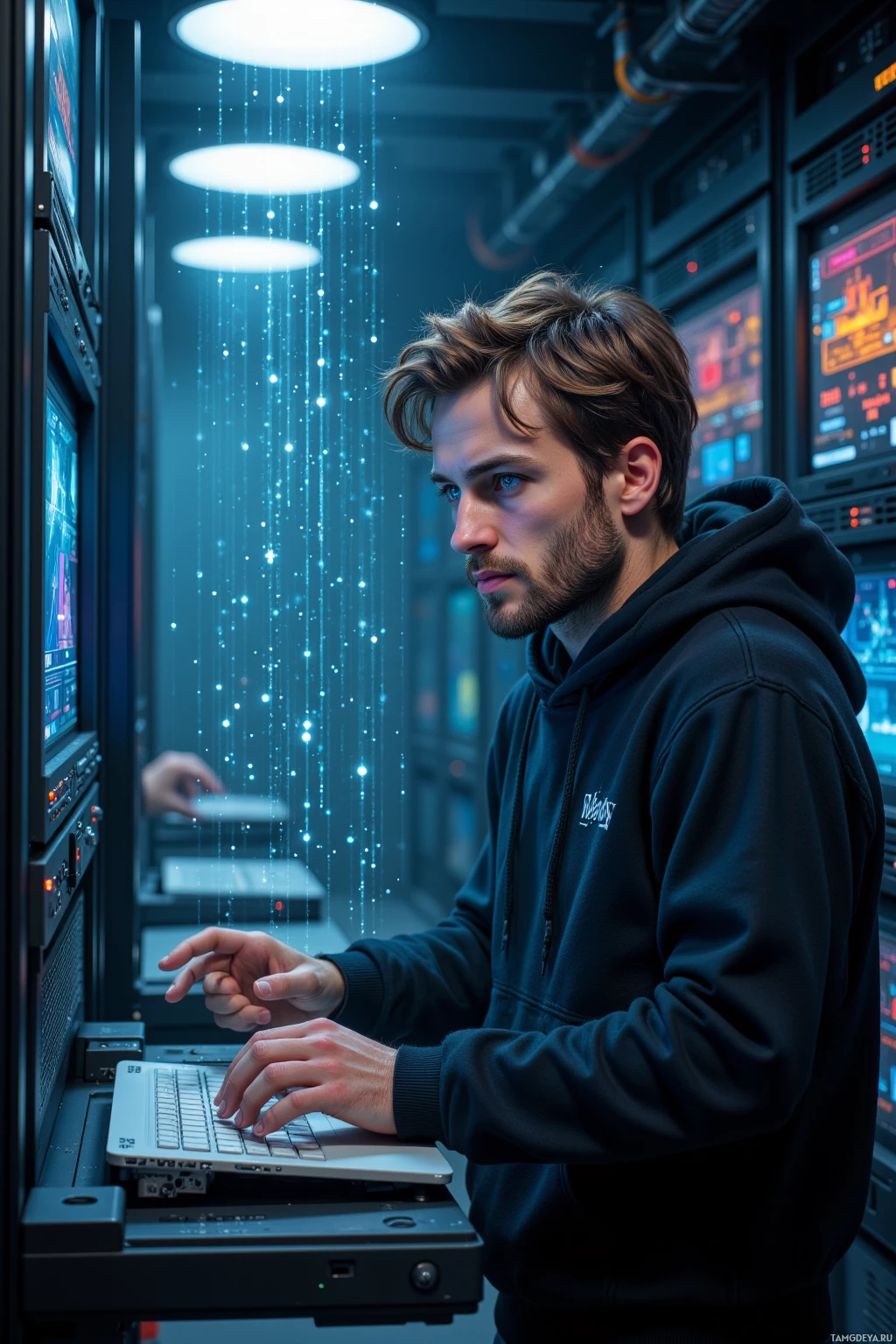 Realistic high quality photo. A slender 32‑year‑old man with light brown hair, blue eyes, pale skin, wearing a dark hoodie, standing in a dimly lit sci‑fi server room, surrounded by humming racks of flickering lights, a holographic display projecting binary rain and glitching code as he presses a keyboard with focused frustration.
