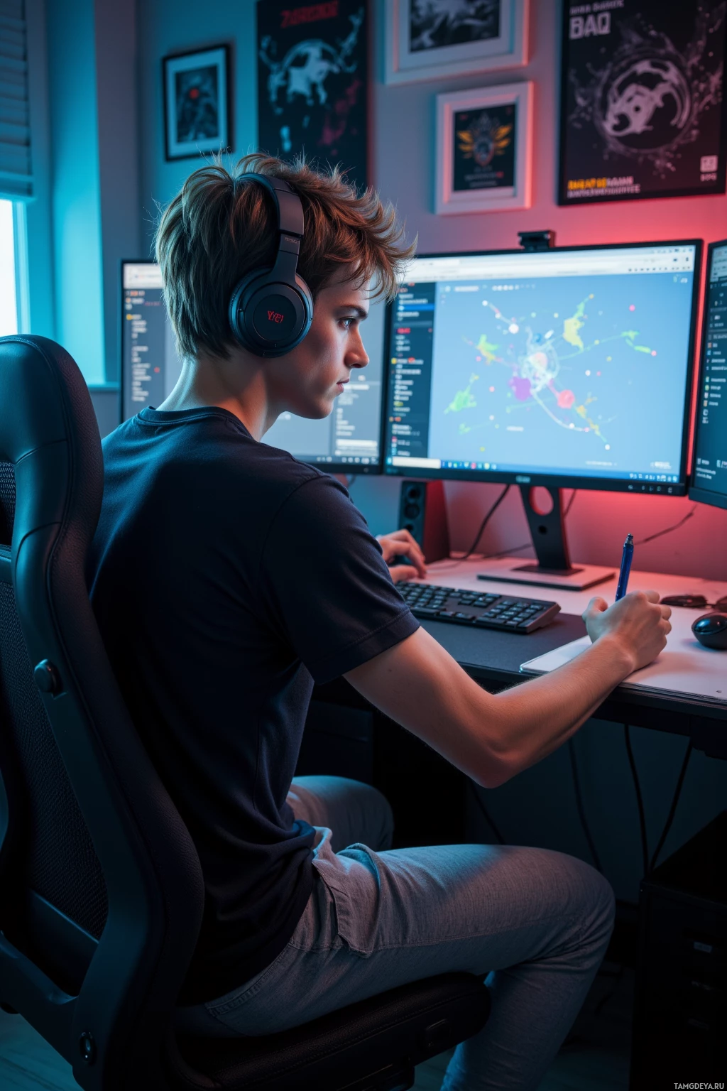 Realistic high quality photo. A 17‑year‑old man with messy light brown hair, bright blue eyes and pale skin, wearing a black gaming t‑shirt and loose gray sweatpants, sits at a desk in a dimly lit bedroom surrounded by multiple monitors streaming data, mapping out win conditions on a whiteboard while headphones rest over his ears, his posture rigid as he focuses intently on a counter‑attack strategy amid the quiet hum of his rig.