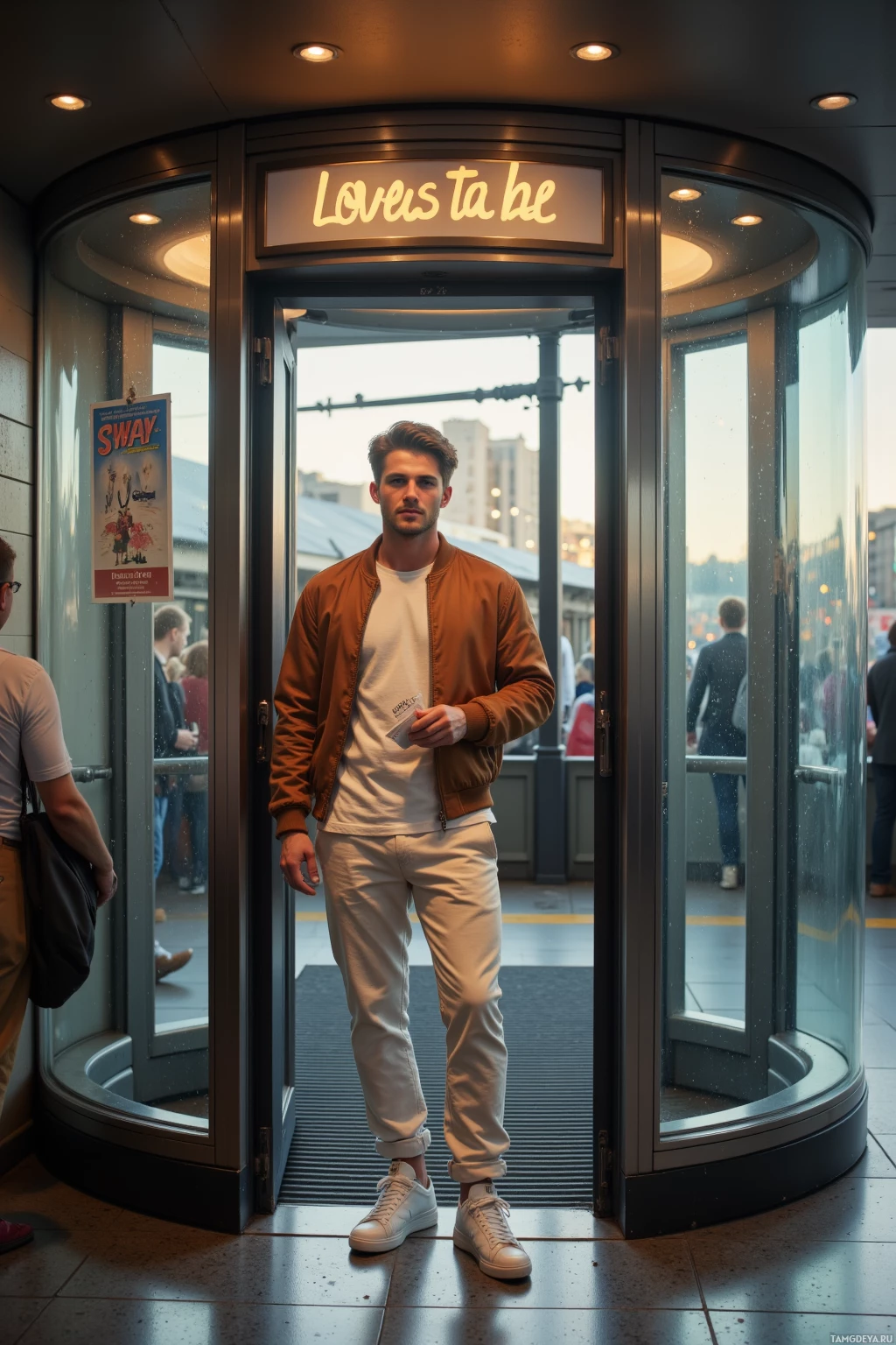 Realistic high quality photo. Light brown-haired man, 25, blue eyes, fitted white T‑shirt, cropped tan bomber jacket, slim joggers, white sneakers, standing by a revolving door in a modern train station holding a handwritten script, watching commuters with a relaxed grin, vintage "Sway" poster on the wall, soft evening light streaming through glass.