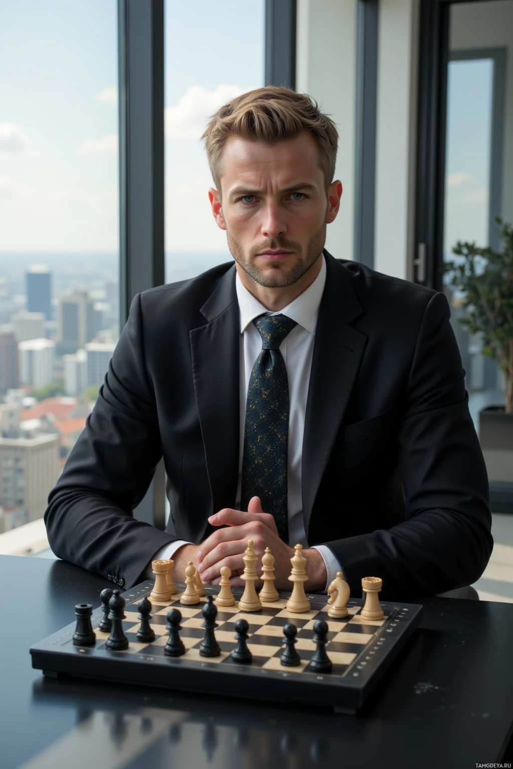 Realistic high quality photo. A 38‑year‑old man with short blonde hair, blue eyes, pale skin, strong jawline and sharp features, wearing a tailored black suit, crisp white shirt and patterned tie, sits at a window seat in a modern apartment overlooking the city, a chessboard spread on a polished table before him as he concentrates, sunlight filtering through glass while subtle nervous tension appears in his posture.