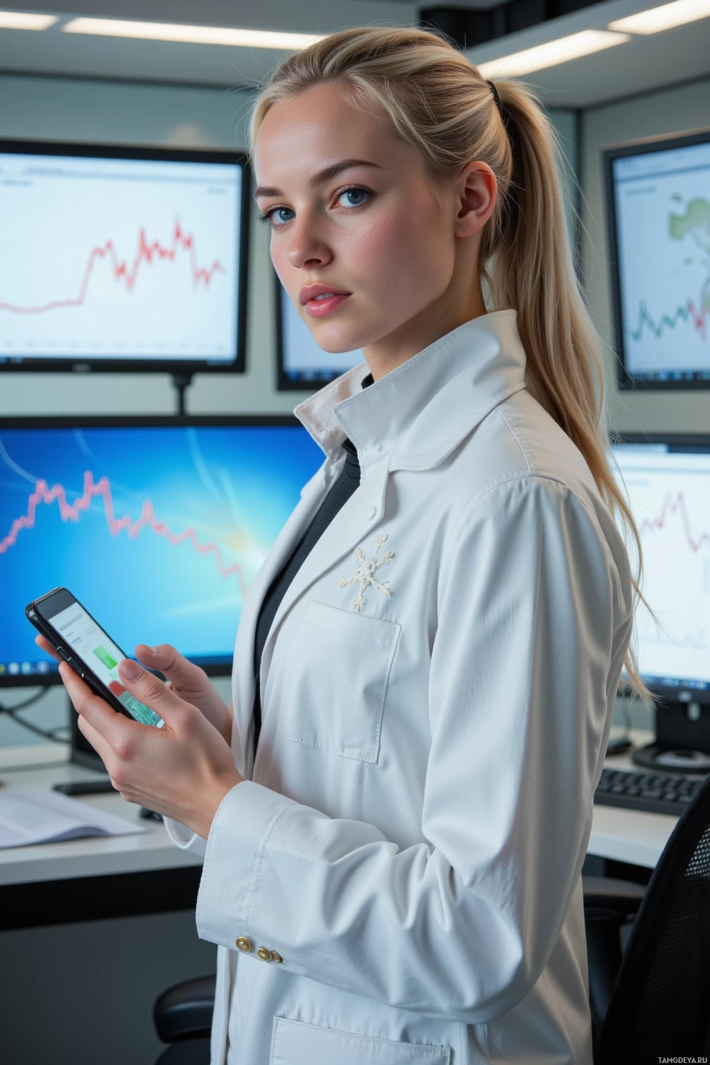 Realistic high quality photo. Female scientist, 28, platinum blonde ponytail, bright blue eyes, porcelain skin, wearing a fitted white coat with subtle snowflake patterns and high‑waisted black pants, standing in a modern office surrounded by climate data spreadsheets on dual monitors, holding a phone showing 2% battery, focused expression as Arctic melt rates are plotted.