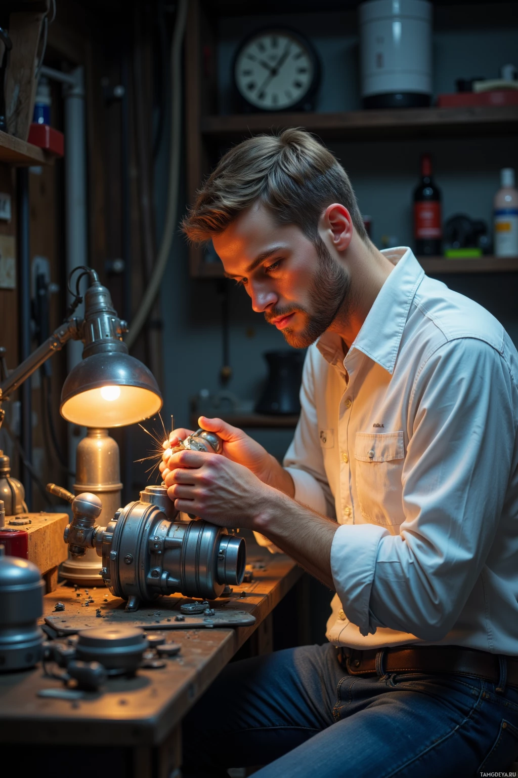 Realistic high quality photo. Male, 33, short brown hair, bright blue eyes, pale skin, wearing crisp white mechanic's shirt and dark blue jeans, soldering hidden circuitry on a reclaimed turbocharger in a dim workshop at early morning, a tiny glowing heat vent powering a nightstand lamp, focused and determined expression.