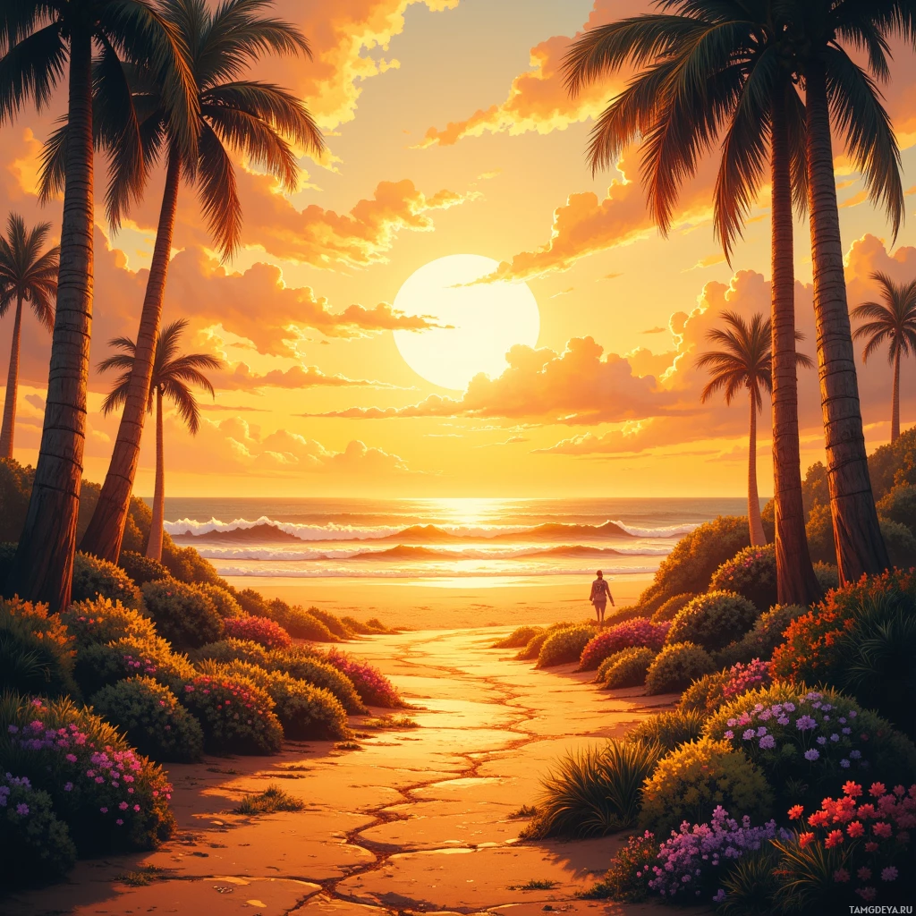 Semi-abstract image with many empty light space at center of beautiful background, that is suitable for the post:  Sunset drips gold onto my path, and every heartbeat syncs with the distant ocean's sigh.