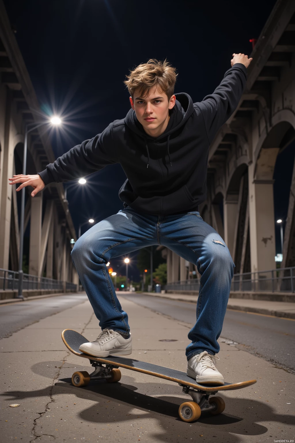 Realistic high quality photo. A 15-year-old male skateboarder with messy light brown hair, bright blue eyes, pale skin, wearing a black hoodie, denim jeans and white sneakers, mid-trick off a cracked curb on an old bridge at night under streetlamps, mischievous grin, confident stance in urban concrete surroundings.