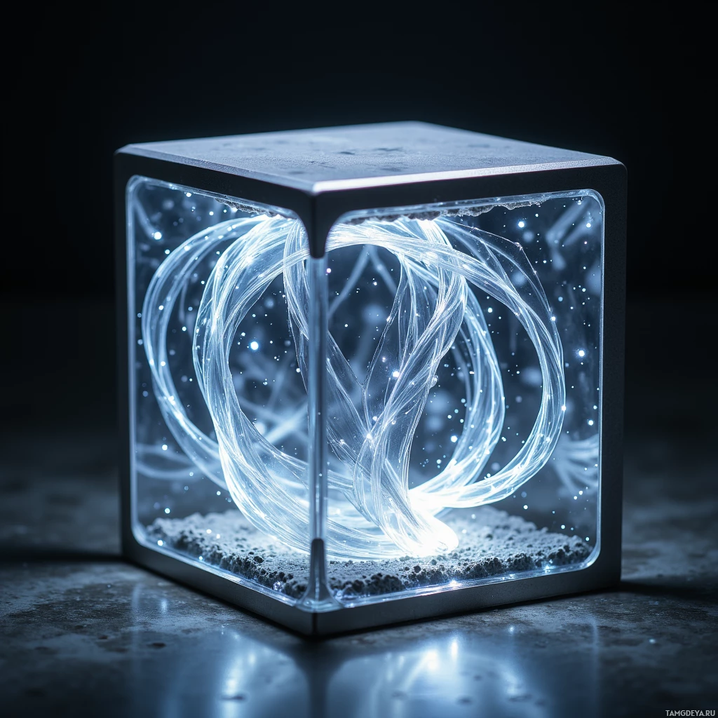 Semi-abstract image with many light, that is suitable for the post:  palm-sized translucent cube with matte titanium shell, inner glowing silver filaments swirling, tiny holographic projector pulsing softly, sleek sci‑fi aesthetic.
