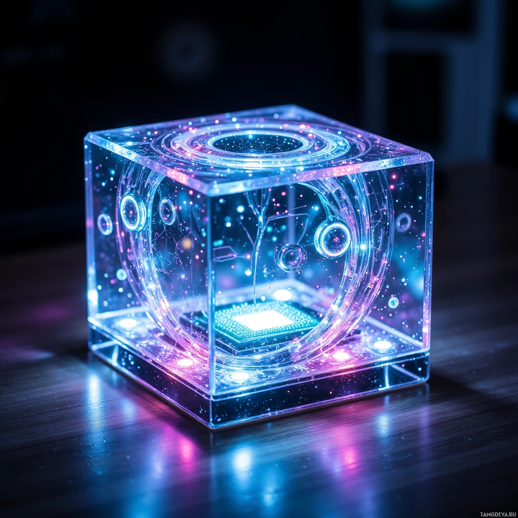 Semi-abstract image with many light, that is suitable for the post:  A tiny translucent glass cube perched on a desk, its polished surface shimmering with swirling, multi‑colored light ripples that pulse in response to touch, revealing faint etched circuitry and subtle glowing microprocessor details inside.