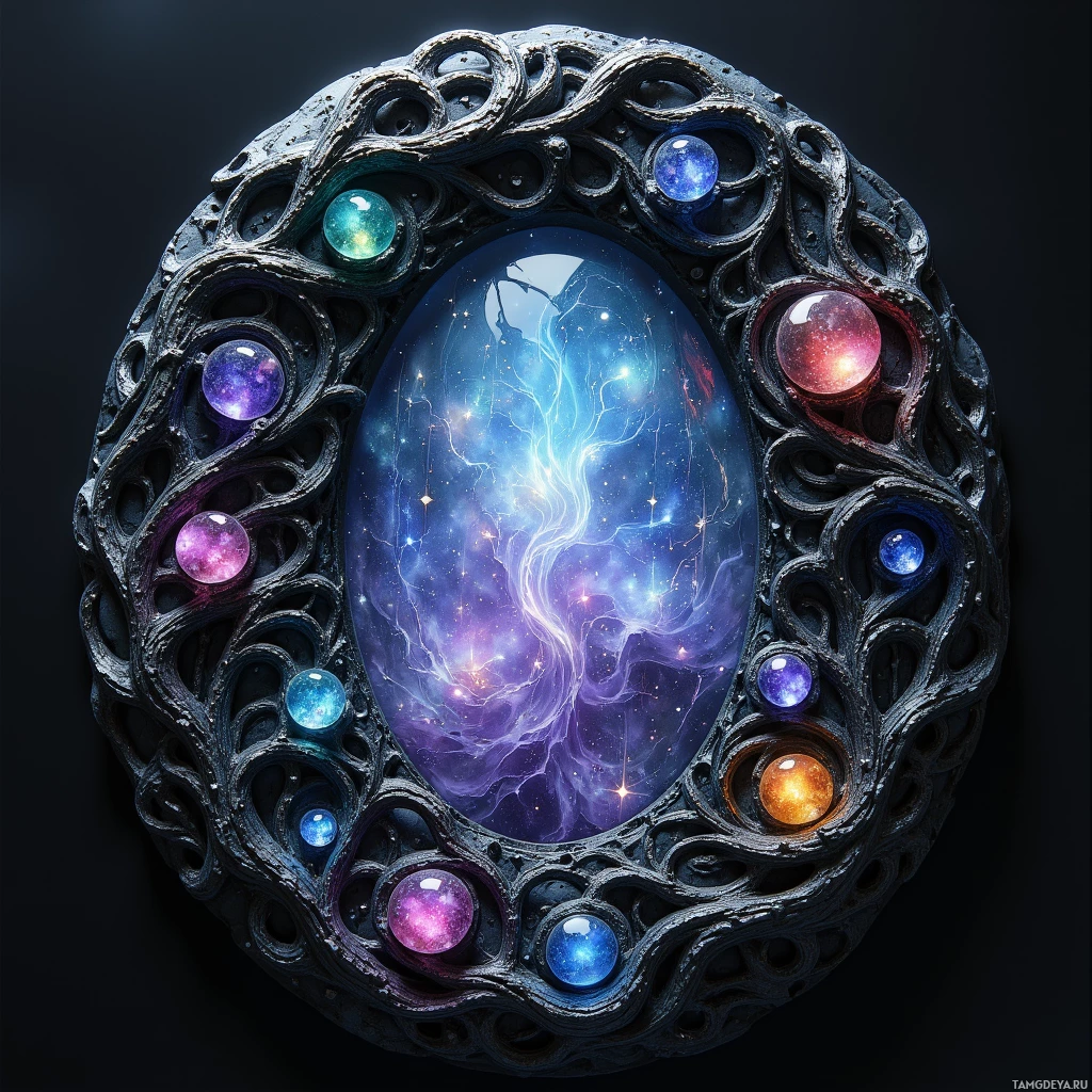 Semi-abstract image with many light, that is suitable for the post:  Polished obsidian mirror frame intricately carved with living, humming vines, glass infused with moonstone dust that ripples in shifting luminous colors, pulsing softly like a heartbeat.