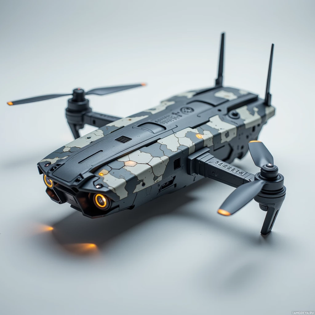 Semi-abstract image with many light, that is suitable for the post:  compact AI‑assisted tactical drone with lightweight carbon‑fiber frame, matte gray and black panels, adaptive camouflage skin featuring subtle hexagonal pattern, integrated glowing thermal imaging lenses, slender antennae, sleek low‑profile design.