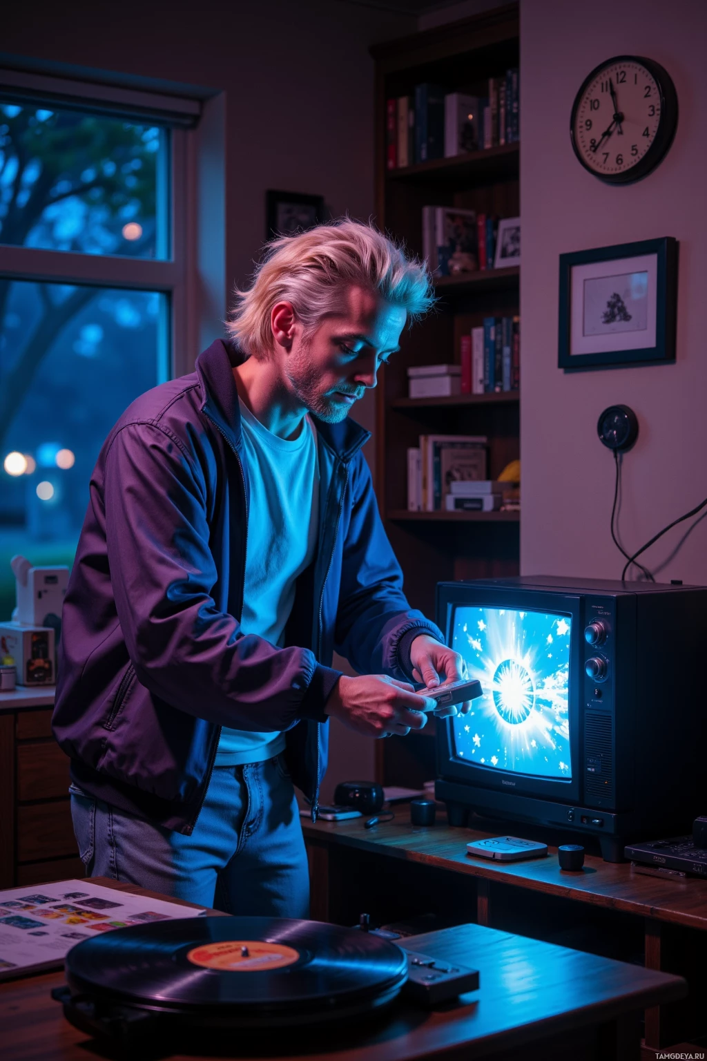 Realistic high quality photo. A 30‑year‑old man with frosty blonde mullet and bright blue eyes, pale skin, wearing a retro windbreaker and jeans, dusting an old NES cartridge while adjusting scan lines on a CRT TV in a dimly lit living room at night beside a gently humming vinyl turntable.