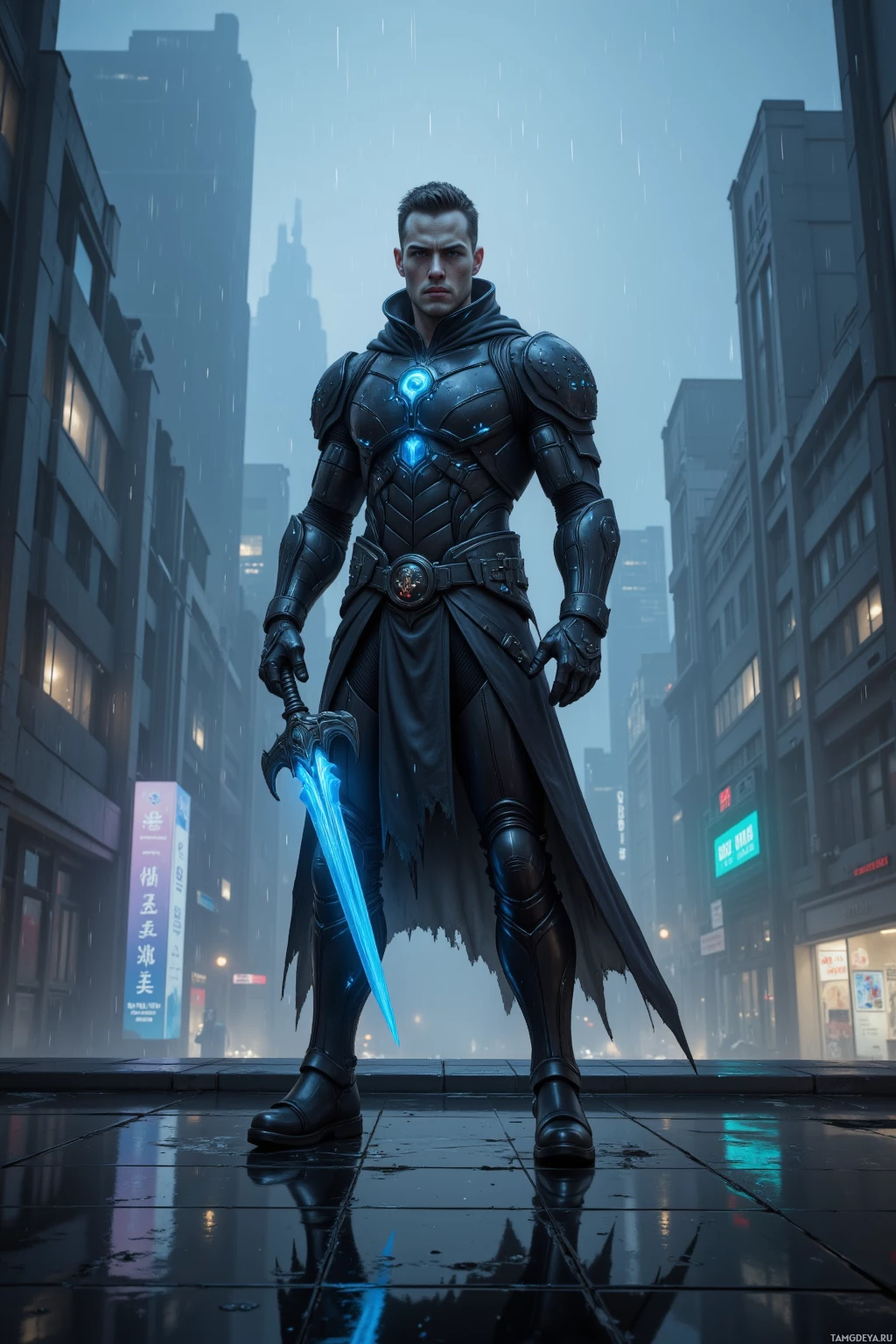 Realistic high quality photo. Tall male, 35, pale skin, short dark hair, piercing blue eyes, wearing sleek black futuristic armor with glowing blue accents, stands on a rain‑soaked rooftop in a misty sci‑futuristic city at midnight, visor illuminated as a data stream washes around him, a humming cybernetic blade extending from his arm, calm and poised amid the city glow.