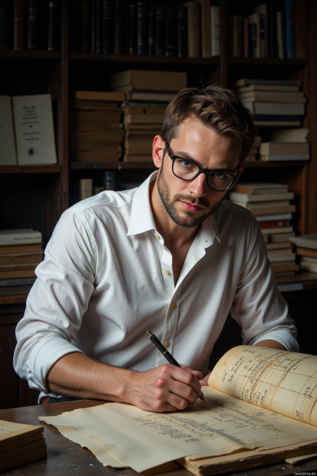 Realistic high quality photo. Man with short light brown hair, blue eyes, crisp white shirt rolled sleeves, black‑rimmed glasses, seated amid stacks of brittle ledgers in a dim back room studio, tracing faint yellowing ink lines on an old industrial receipt while exuding focused precision and dry wit.