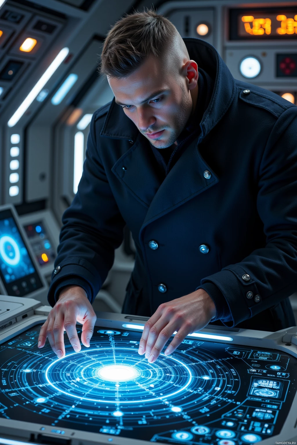 Realistic high quality photo. A 30‑year‑old man with short light brown hair, sharp angular features, pale skin, vivid blue eyes including a cybernetic eye, wearing a sleek black trench coat, meticulously adjusts a quantum stabilizer on a starship bridge, his hands hovering over holographic star charts that display a repeating 7‑cycle pattern while a playful AI hologram icon winks beside the console.