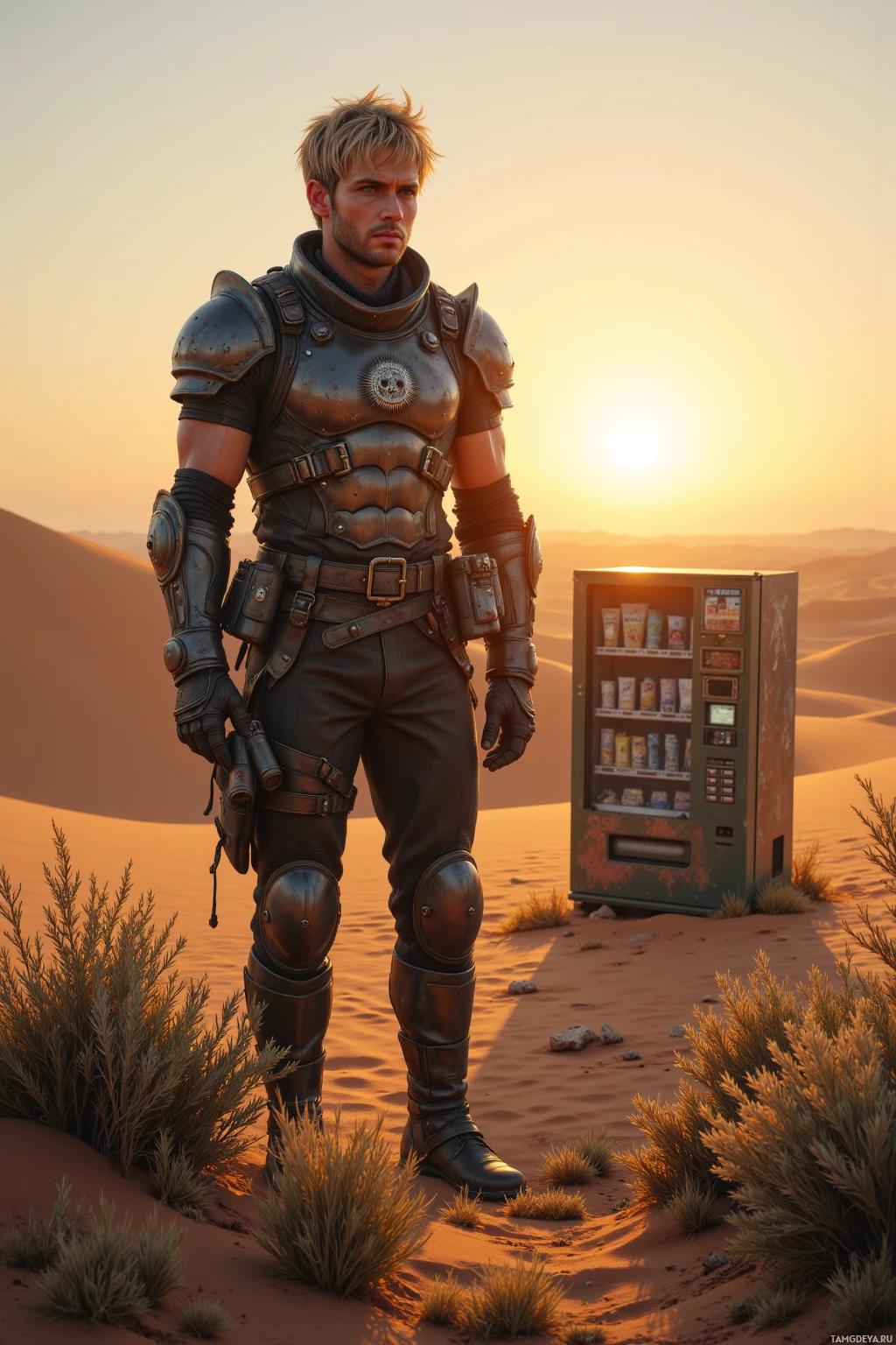 Realistic high quality photo. A tall 29‑year‑old male survivor with short messy blonde hair and stormy gray eyes, wearing rugged leather armor adorned with a wolf emblem on his chest, stands in a post‑apocalyptic desert at sunrise, scanning the horizon with binoculars while a half‑buried vending machine sits amid dunes and a ruined garden of dried herbs lies nearby.