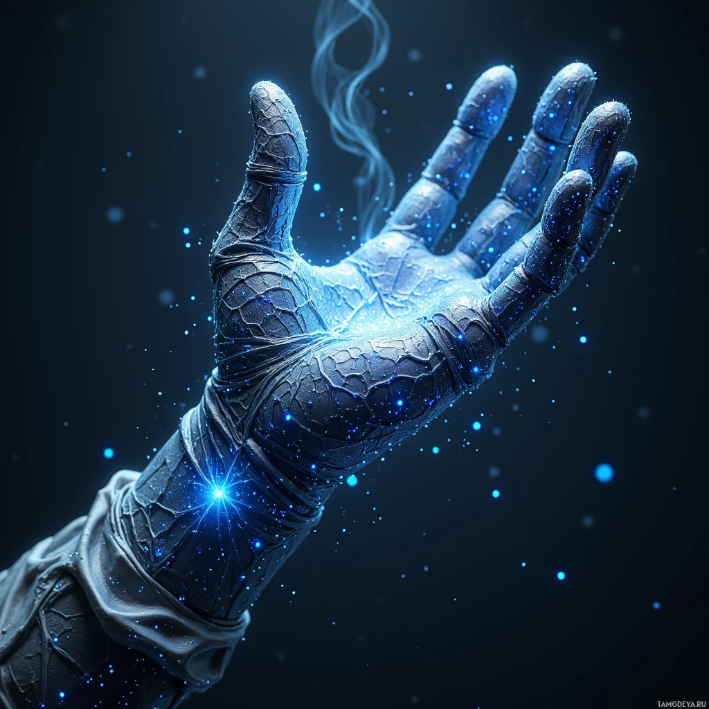 Semi-abstract image with many light, that is suitable for the post:  A matte silver and midnight blue adaptive fabric glove with a translucent nano‑fiber lattice that flexes like a neural network, revealing fine iridescent texture mapping of coffee steam heat gradients and painterly paint strokes, embedded soft LED nodes pulsing subtly against an ergonomic silicone base.