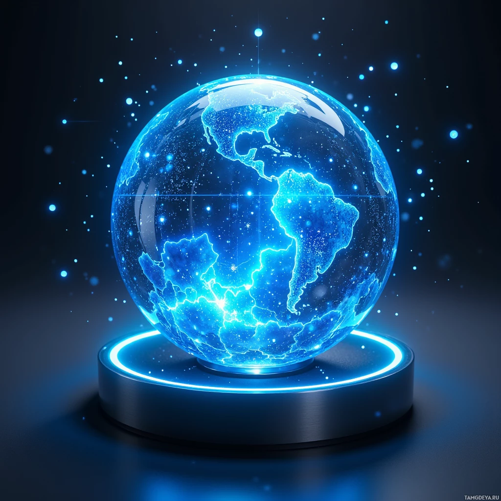 Semi-abstract image with many light, that is suitable for the post:  A translucent OLED globe framed in polished chrome, featuring a seamless touch surface that projects dynamic market analytics as swirling blue holographic data streams within its clear interior.