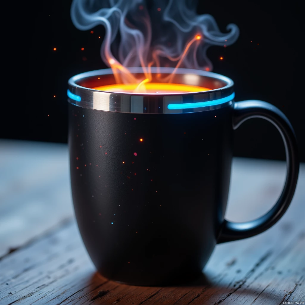 Semi-abstract image with many light, that is suitable for the post:  Matte black ceramic smart mug with brushed titanium rim, subtle neon glow shifting from sunrise orange to mid‑day blue, holographic to‑do list floating inside, steam rising, sleek futuristic design.