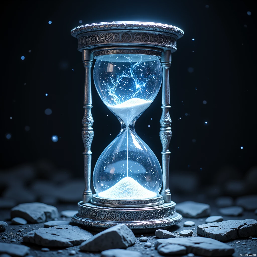 Semi-abstract image with many light, that is suitable for the post:  An ultra‑thin silver‑etched hourglass made of translucent glass, filled with swirling stardust that morphs into glowing symbols of power and warning, encircled by a polished silver band engraved with intricate runes emitting a soft luminescence.