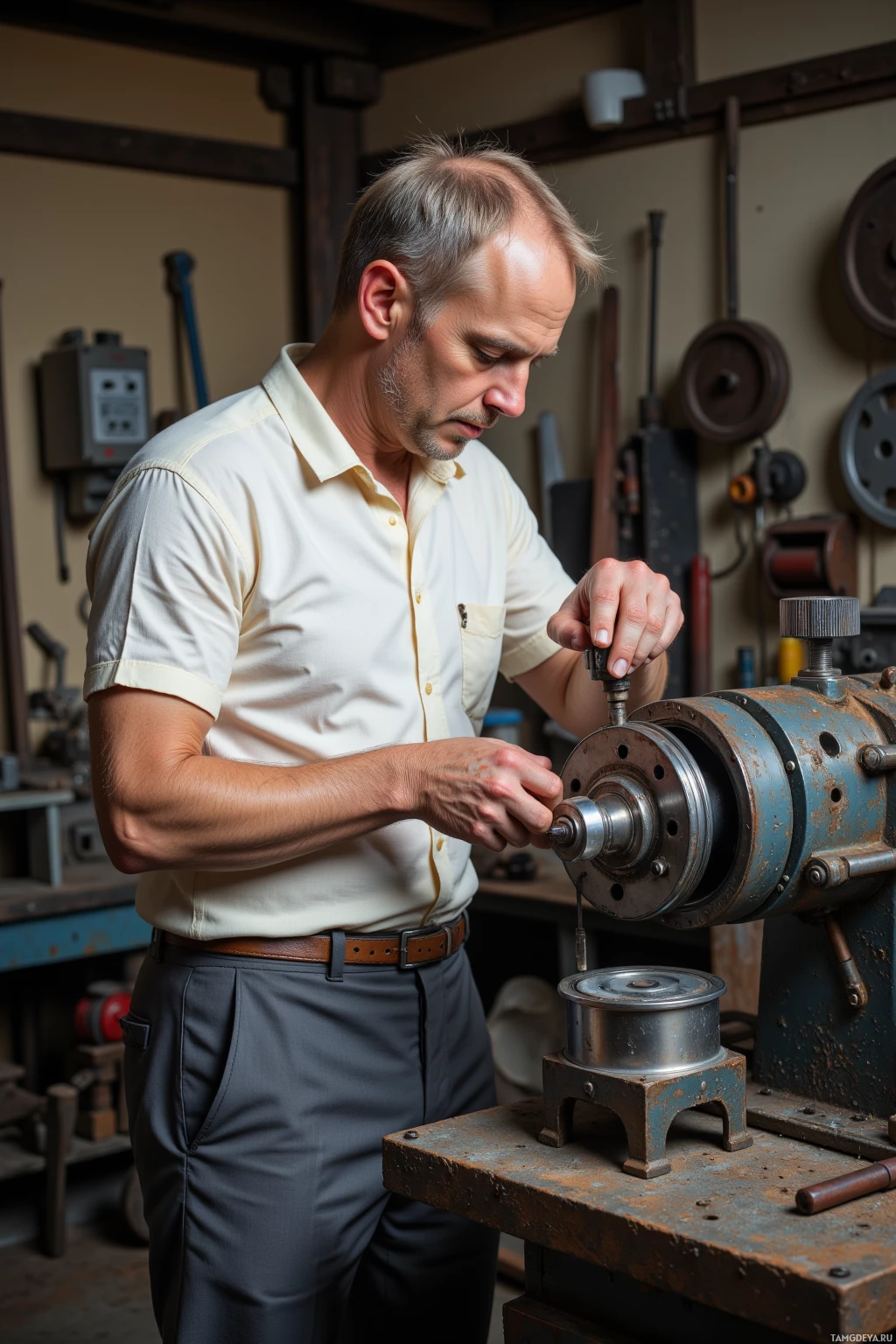 Realistic high quality photo. A 40‑year‑old man with short thinning blonde hair, blue eyes, pale skin, wearing a plain white shirt and dark grey trousers stands in a dusty workshop, meticulously dismantling an old lathe’s worn spindle, inspecting metal gears and tightening bolts amid scattered tools and parts.