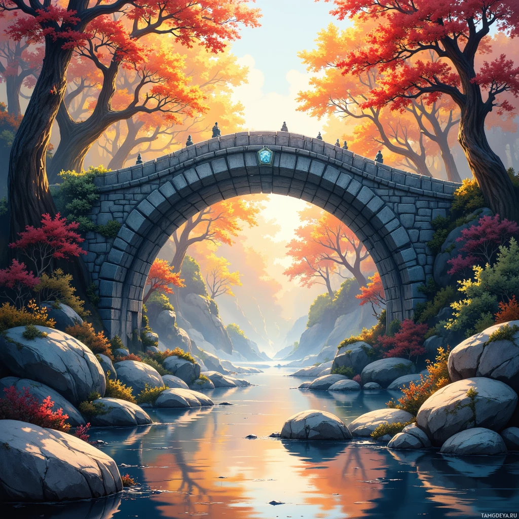 Semi-abstract image with many empty light space at center of beautiful background, that is suitable for the post:  My work is a stone bridge, solid, unyielding, spanning doubts, while the river of change flows unaware.