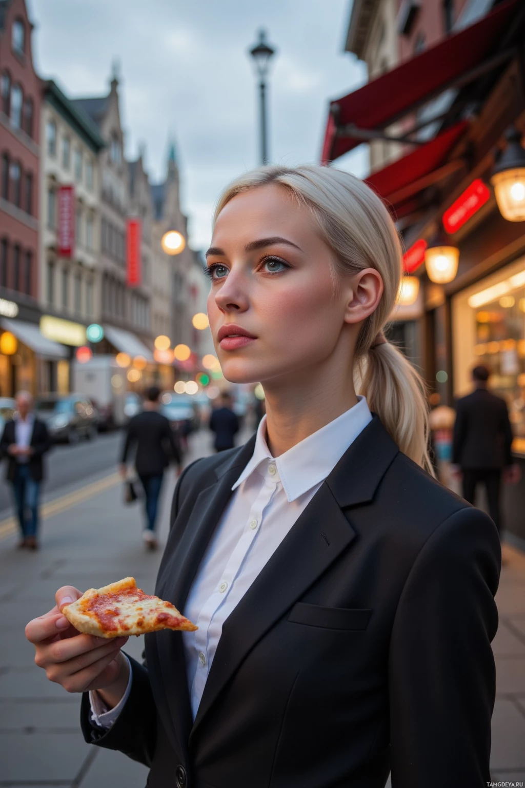 Realistic high quality photo. A 30‑year‑old woman with sleek silver hair in a low ponytail and piercing blue eyes, pale skin, high cheekbones, wearing a tailored black suit and crisp white blouse, stands on a modern city sidewalk at dusk, calmly studying the bustling streets while holding a slice of pizza.
