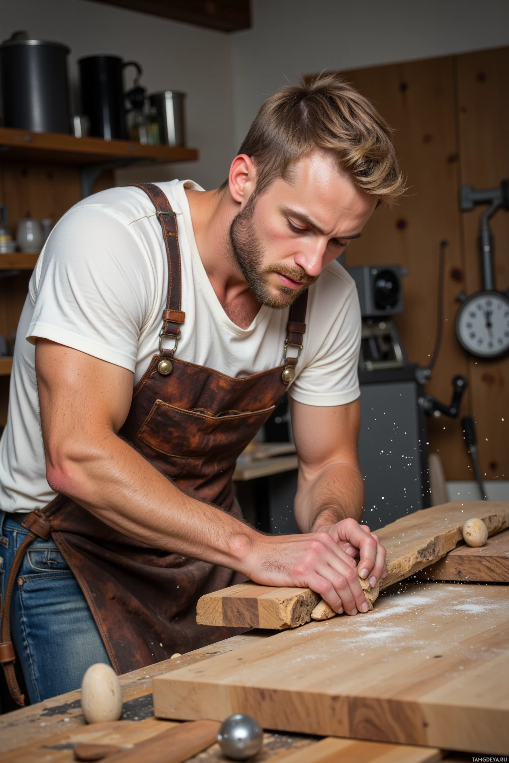 Realistic high quality photo. 35‑year‑old man with short blonde hair, blue eyes, sun‑kissed complexion, stubble, wearing a well‑worn leather apron over a plain white T‑shirt and jeans, methodically carving a walnut slab on a wooden workbench in a modern workshop, a handheld saw cutting precise bevels while dust swirls like confetti around him.
