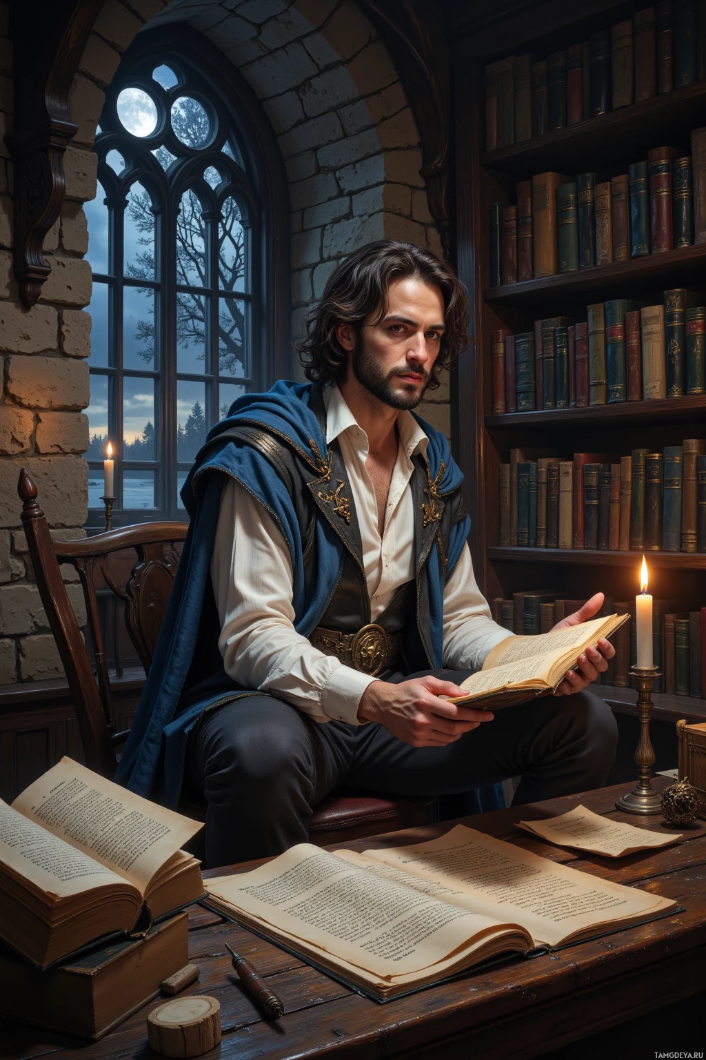 Realistic high quality photo. A tall dark-haired male author in a medieval cloak over a simple white shirt and dark trousers sits in a stone‑walled study at night, surrounded by ancient tomes, illuminated parchment glowing with runic ink while a single candle flame trembles beside his quill; wind rustles scrolls as a silver moonlit window shows distant stars listening to the whispered verses.