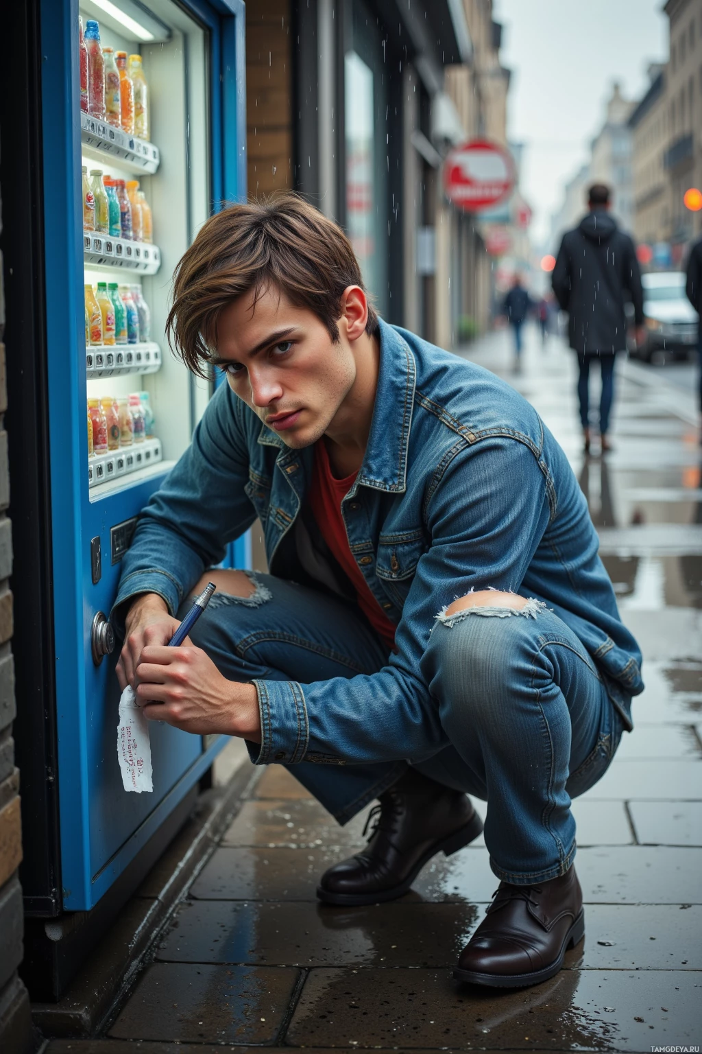 Realistic high quality photo. A 29‑year‑old man with brown hair, green eyes, pale skin, wearing a denim jacket over a red tee and jeans, hunches against a humming vending machine on a rain‑soaked urban street, refusing an umbrella, scribbling a chorus on a crumpled receipt that turns into drum patterns, droplets glistening on his jacket while the machine hisses in the background.
