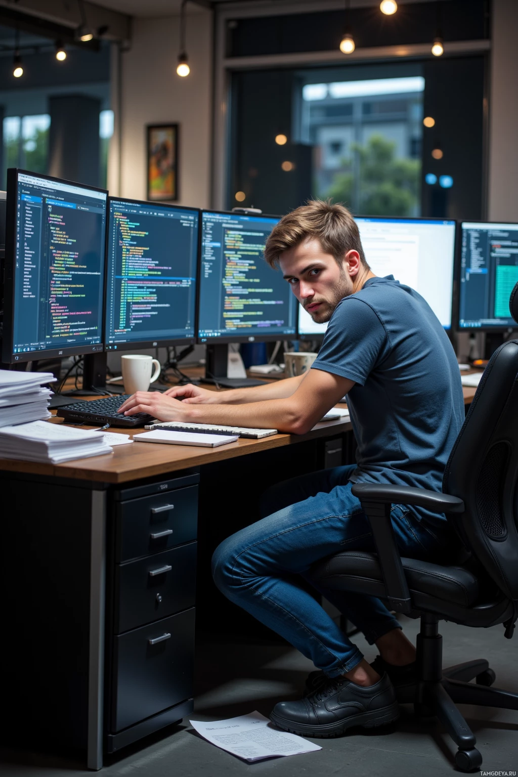 Realistic high quality photo. Young male with short light brown hair, bright blue eyes, wearing a fitted casual t‑shirt and worn jeans, hunched over an office desk with laptop open to code on multiple screens, coffee cup half fallen through the floor beneath him, surrounded by stacks of design documents and late‑night overhead lighting.