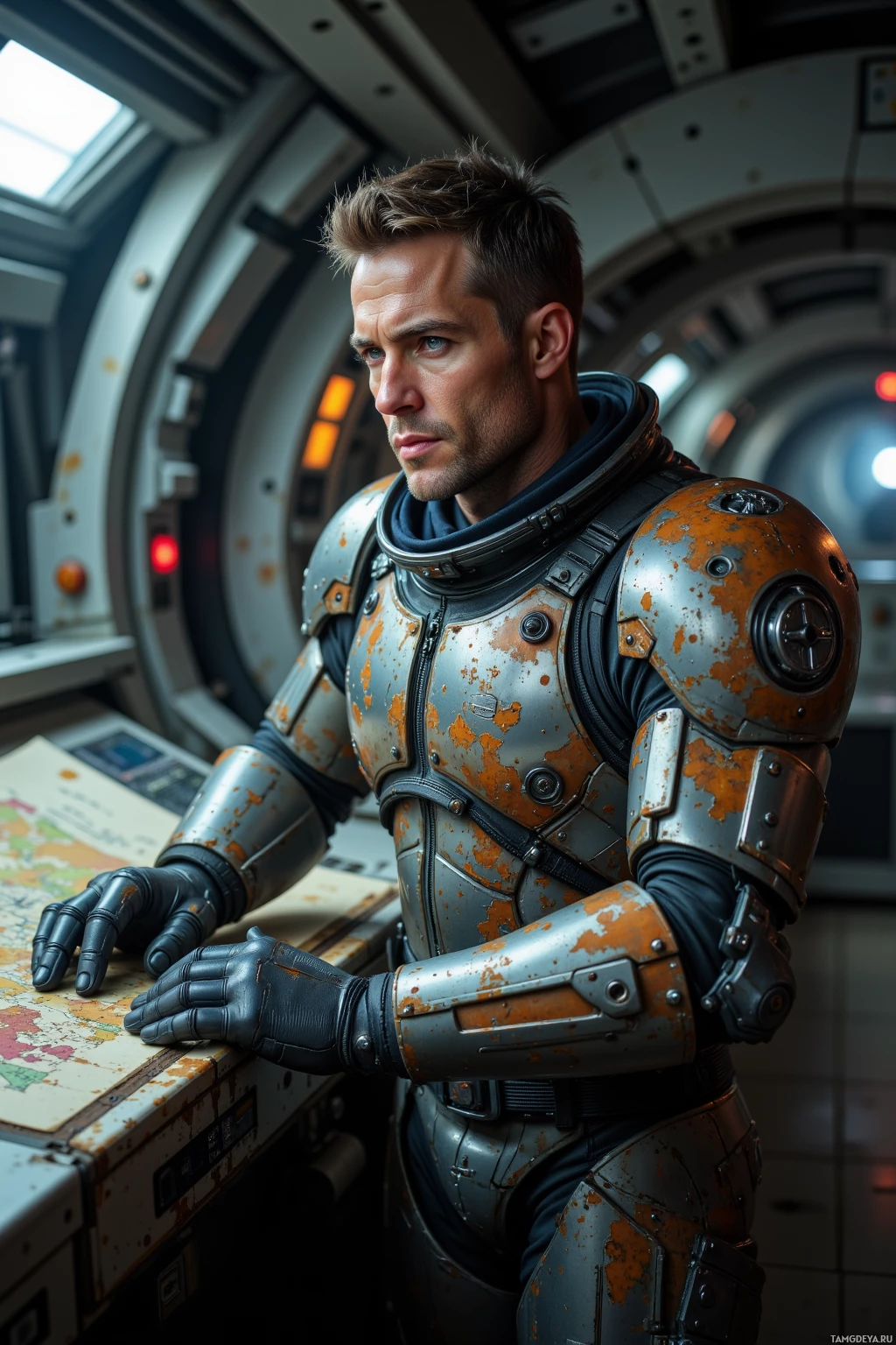 Realistic high quality photo. A weathered 38‑year‑old man with short light brown hair, clear blue eyes and a worn metallic jacket bearing orange patina stands in a dimly lit spacecraft bridge polishing the tarnished rail of his armor; behind his visor flickers a blood‑etched map, while a cybernetic limb rests against a console as he listens to the ship's hum, exuding quiet resolve.