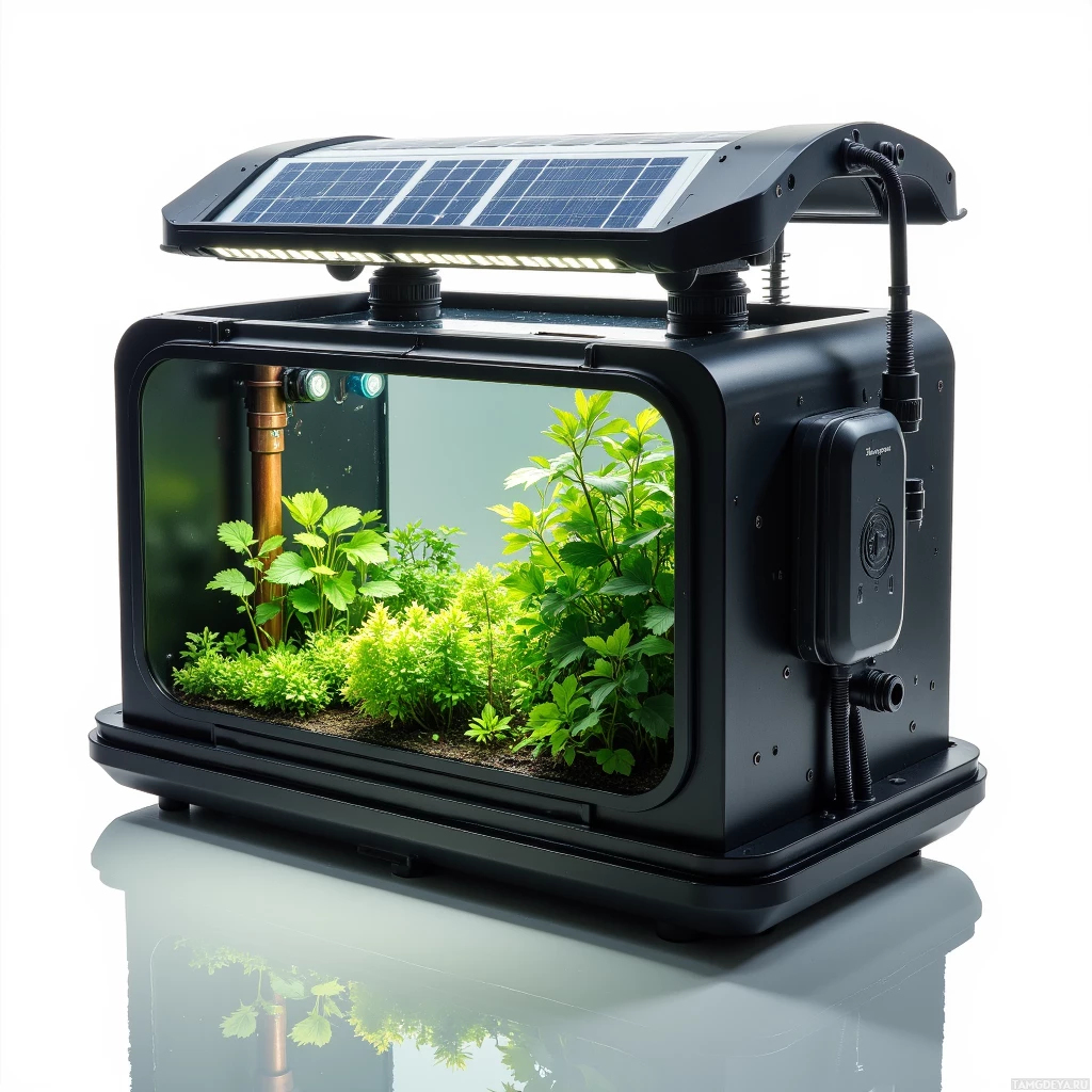 Semi-abstract image with many light, that is suitable for the post:  Autonomous solar‑powered aquaponic unit with a sleek matte black chassis, a clear glass aquarium filled with emerald greens, glistening copper piping, integrated solar panels on the roof, subtle LED grow lights illuminating the interior, and a compact filtration pump system visible through the side of the frame.