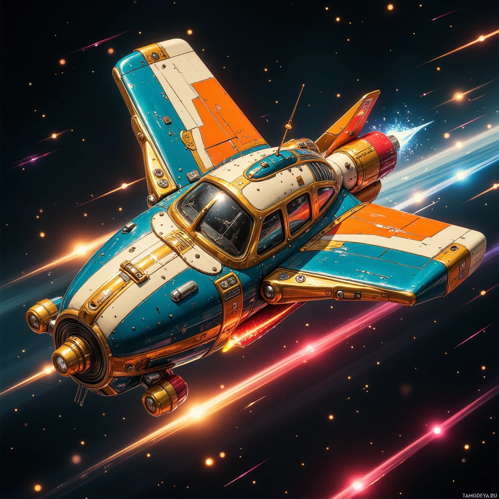 Semi-abstract image with many light, that is suitable for the post:  Pocket-sized retro‑futuristic aircraft resembling a tin‑plate sail, with neon‑striped wings, chrome gyroscope, chunky 1940s blimp hull, quantum ion thrusters flickering in pulse‑wave precision, glossy lacquer finish and vintage brass dials.