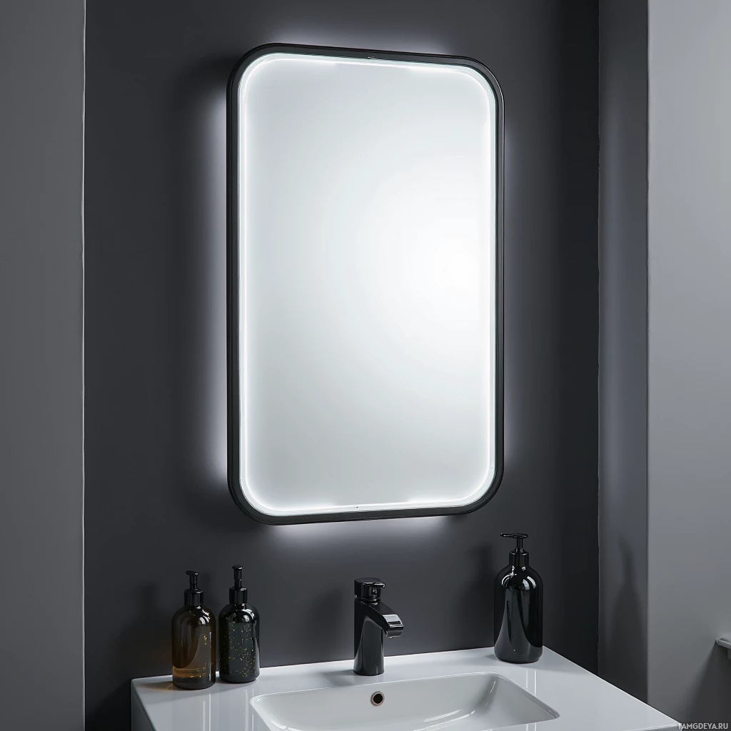 Semi-abstract image with many light, that is suitable for the post:  A sleek black-framed glass slab mirror, polished black metal frame, seamless reflective surface with subtle AR lighting highlighting the jawline, minimalist luxury design.