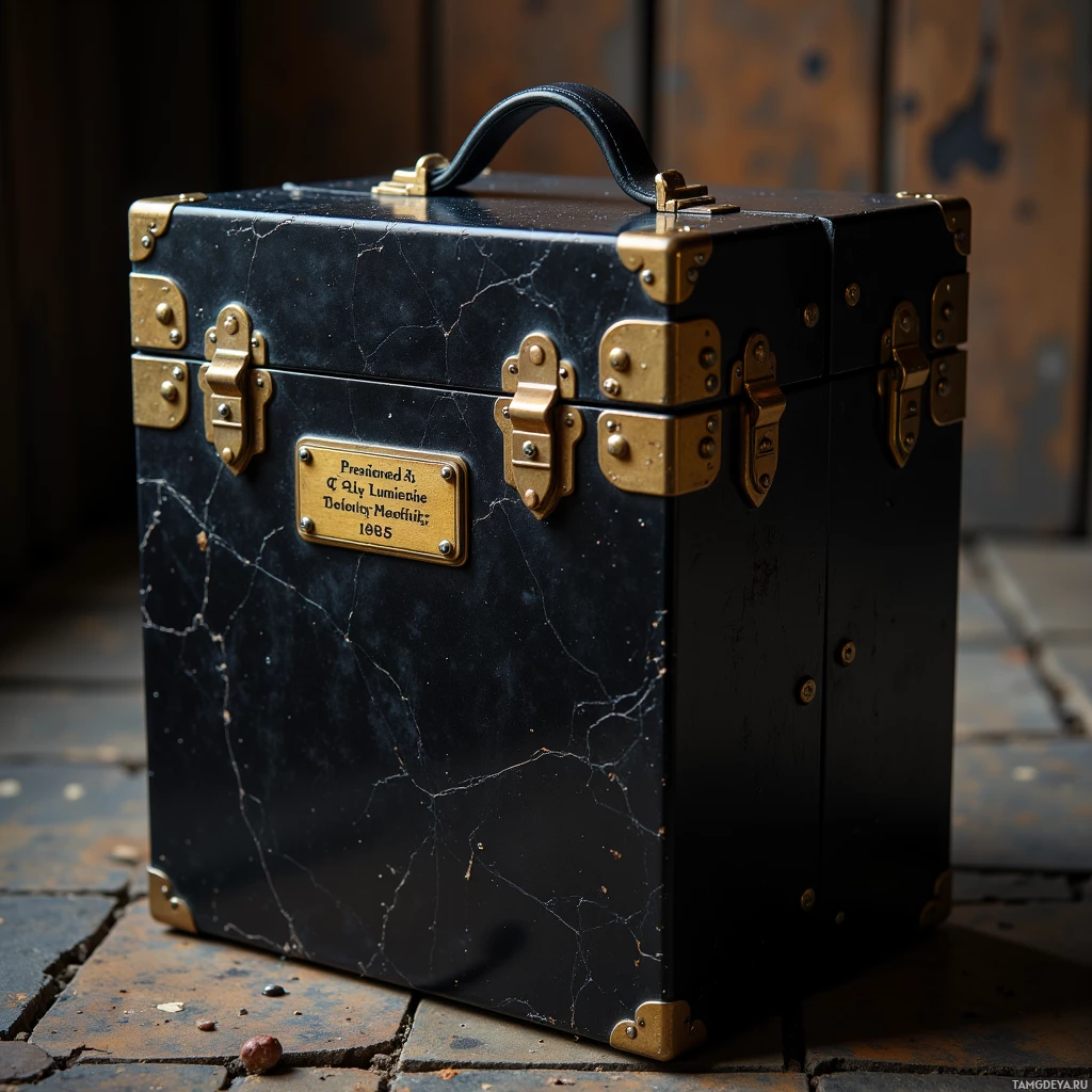 Semi-abstract image with many light, that is suitable for the post:  matte black projector case with hand‑stamped detailing, brass hinges etched with the Lumière logo, cedar lid lined with silk, tiny brass plaque reading “Presented by the Lumière Family, 1895”, lacquered finish with subtle embossed film title, sleek wearable aura reminiscent of a miniature museum