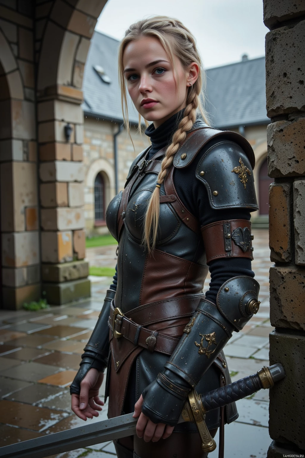 Realistic high quality photo. A 29‑year‑old female warrior with long braided blonde hair, piercing blue eyes, pale skin and angular features, clad in worn leather armor for agility, sword sheathed at her side, standing vigil on a wet stone courtyard at dawn sharpening steel beside a gate as rain slicks the stones around her.